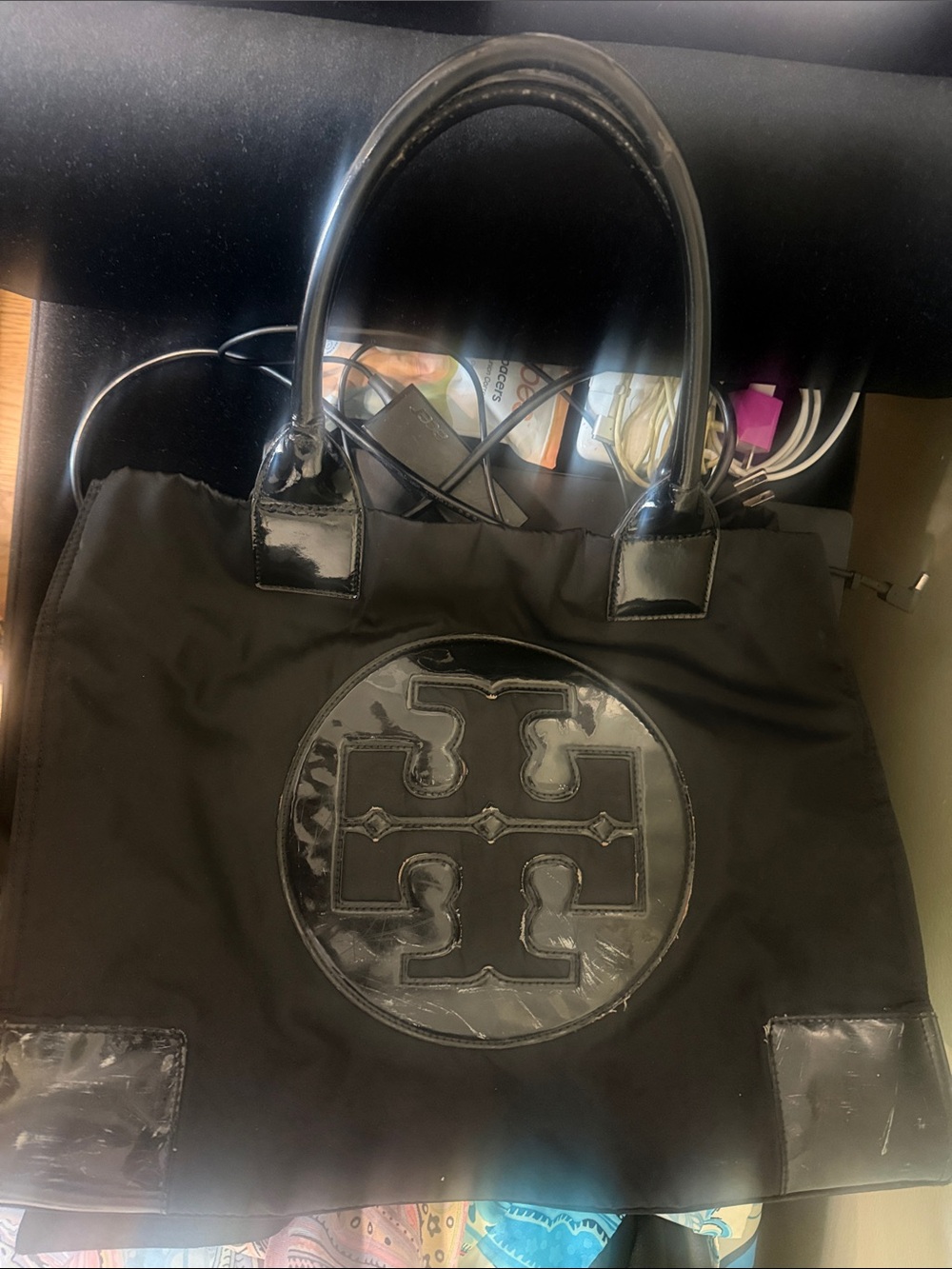 Tory Burch Black Logo Nylon Tote with Patent Trim